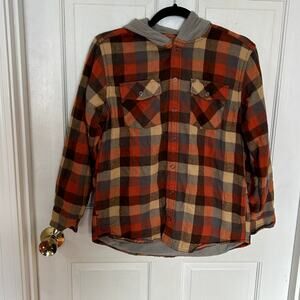 L.L.Bean Boys Orange Plaid Fleece Hooded Flannel Jacket